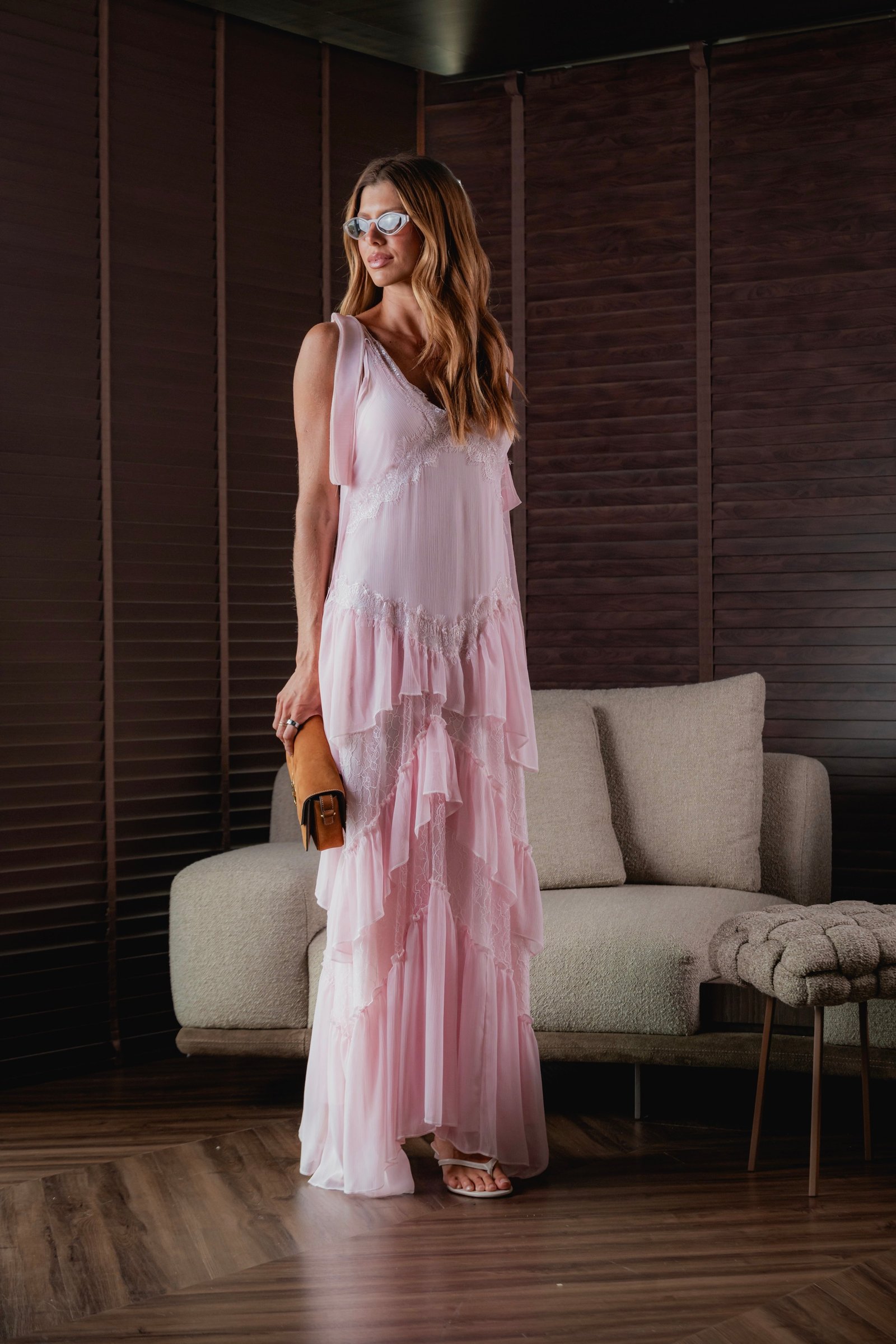 Vestido Longo Chiffon de Seda com Renda